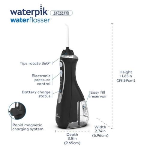 Black Waterpik Cordless Advanced Water Flosser For Teeth, Gums, Braces, Dental Care With Travel Bag and 4 Tips, ADA Accepted, Rechargeable, Portable, and Waterproof, Black WP-582