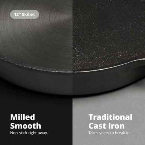 12 inch Cast Iron Skillet, Smooth Milled, Organically Seasoned Sauce Pan Surface