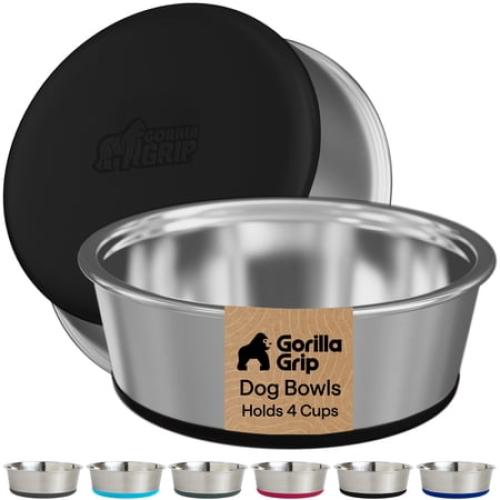 GORILLA GRIP Dog Bowl Set of 2, Holds 4 Cups, Food Grade 304 Stainless Steel, Silicone Base, Black