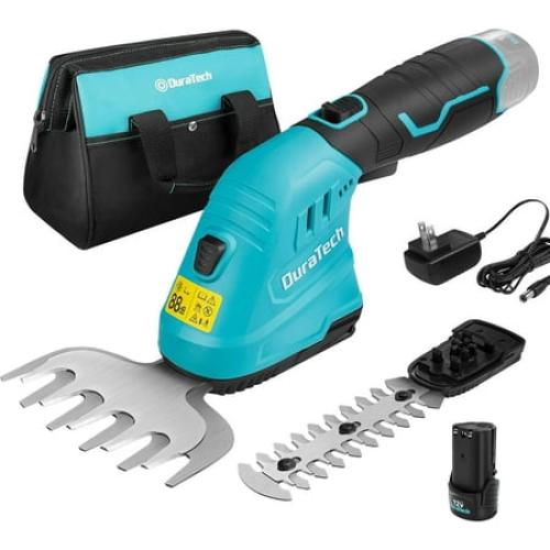 DURATECH Cordless Hedge Trimmer, 12V 2-in-1 Handheld Grass Trimmer & Hedge Shears Included 2.0Ah Li-Ion Battery, Charger & Storage Bag, Electric Grass Shear & Shrubbery Trimmer for Garden Yard Lawn
