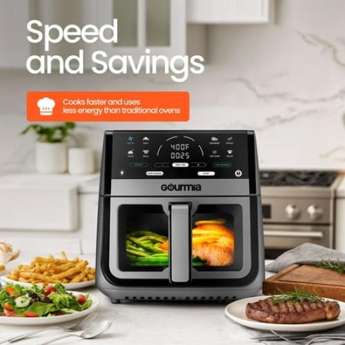 Gourmia 8 Qt Digital Window Air Fryer with 8 One-Touch Cooking Functions, Gray