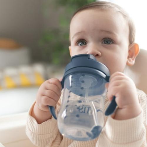 Dr. Brown's Milestones Baby's First Straw Cup, Training Cup with Weighted Straw, 9oz/270ml, Dark Blue, 6m
