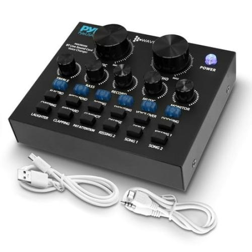 Pyle Bluetooth Mini Audio Podcast Mixer - Live Streaming For PC Computer iPhone Broadcasting Voice Changer V8 Sound Card with 12 Sound Effects,3 Inputs, Mic Input - PKSCRD208.5