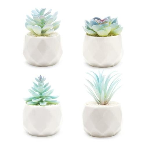 4 Pack VIVERIE Mini Blue Artificial Succulent in Pots (White Ceramic, 4 Pot Set) Fake Plants for Indoors, Office Decor Blue Christmas for Women, Office Home Decor Gifts-Faux Plant