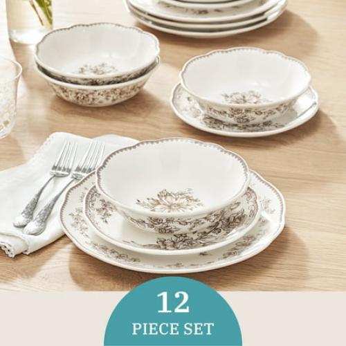 The Pioneer Woman Agatha 12-Piece Stoneware Dinnerware Set, Brown