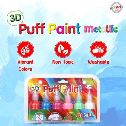 Playkidiz 3-D Art Metallic Puff Paint For Kids, 6 Pack Color Pack Squeeze Paint, Non Toxic Puff Paint Set, Washable Fabric Paint, Classic Colors, Ages 3 .
