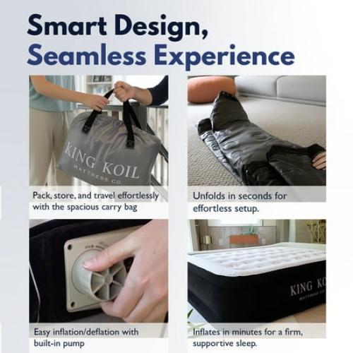 King Koil Luxury Air Mattress Queen with Built in Pump, Integrated Premium Pillow Inflatable Airbed for Guests, Camping & Home