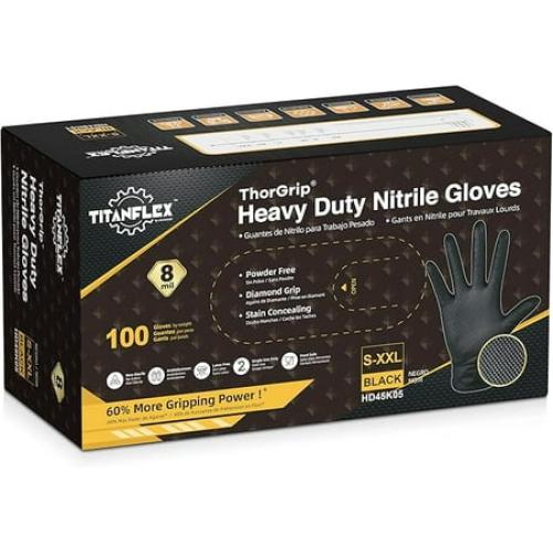 TitanFlex ThorGrip Heavy Duty Black Industrial Nitrile Gloves, 8-mil, XL, Box of 100, Latex Free, Raised Diamond Texture, Powder Free, Food Safe, Rubber Gloves, Mechanic Gloves