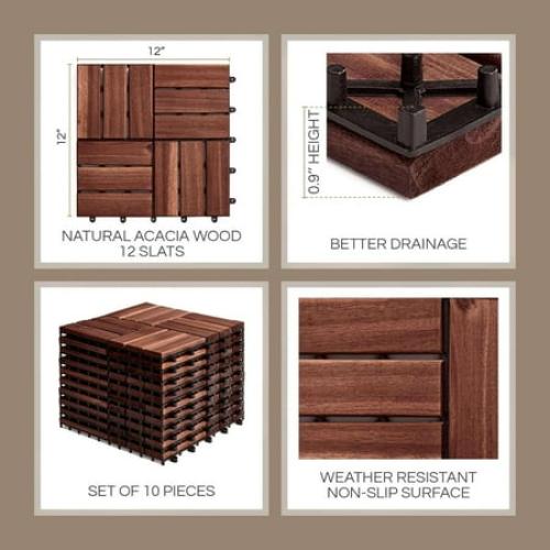 THYOI 10 Pcs Interlocking Deck Tiles 12 x 12, Patio Flooring Outdoor Waterproof, Acacia Wood Tiles All Weather, Floor Tiles for Balcony, Backyard, Indoor and Outdoor use (Round Joint, Dark Brown)