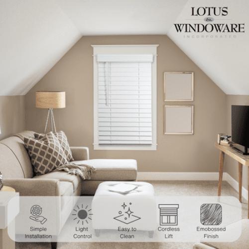 Lotus & Windoware Cordless 2 Faux Wood Room Darkening Horizontal Blind, 33 W x 72 L, Bright White, Embossed