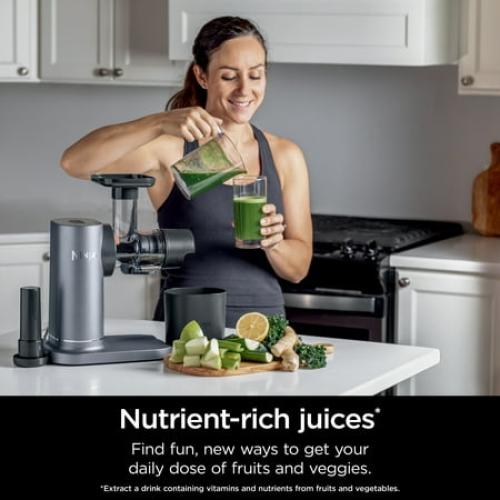 Ninja NeverClog 150W Cold Press Juicer with 18oz Jug, 30oz Pulp Container, 2-Speed, Compact, Red