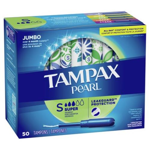 Tampax Pearl Tampons Super Absorbency Plastic Applicator and Leak Guard Braid, Unscented, 100 Count