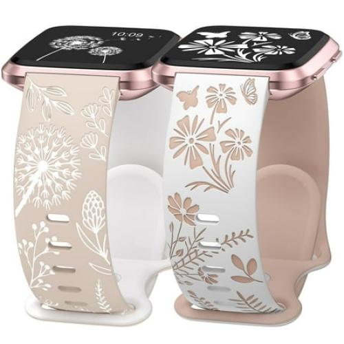 Wearlizer 2 Packs Floral Engraved Band Compatible with Versa 2 Bands for Women, Two-Tone Flower Soft Silicone Sport Strap for Versa/Versa 2/Versa Lite/Versa SE Smart Watch