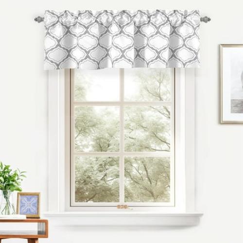 DriftAway Geo Trellis Polyester Window Decoration Curtain Valance Rod Pocket 14L x 52W Plus 2 Header Gray