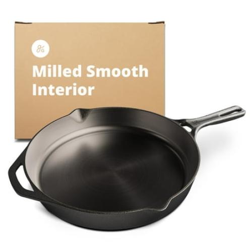 12 inch Cast Iron Skillet, Smooth Milled, Organically Seasoned Sauce Pan Surface