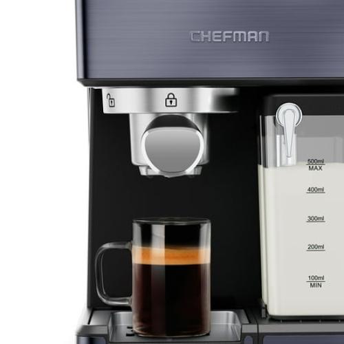 Chefman Espresso Machine w/ Milk Frother, 15 Bar Pump, Digital Display - Black Stainless Steel, New