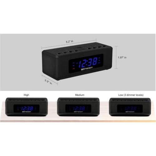 Emerson AM/FM Dual Alarm Clock Radio with 0.6 Blue LED Display, 4-Level dimmer, and Wake to Radio/Buzzer Alarm, Black - CK2023