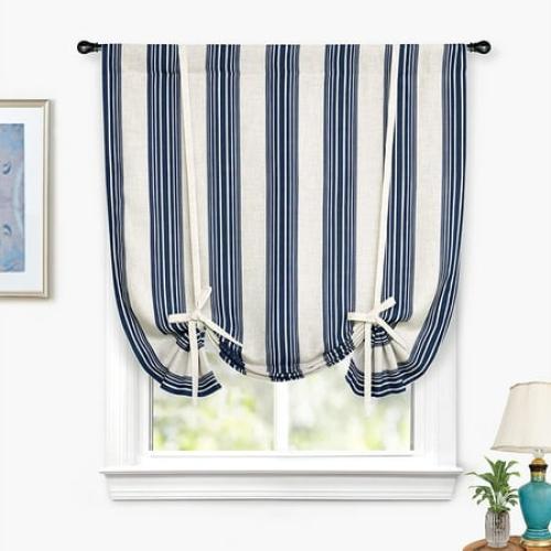 DriftAway Chris Vertical Striped Pattern Blackout Room Darkening Thermal Insulated Tie Up Adjustable Balloon Rod Pocket Curtain for Small Window, 45 x 63, Ivory Dark Blue