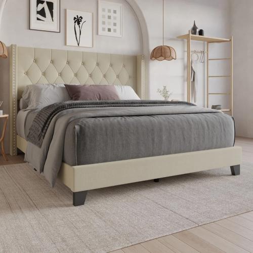 King Bed Frame Cream With Wingback Studs