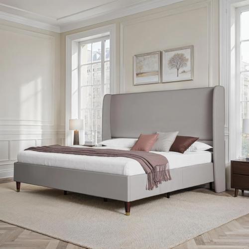 Queen belo upholstered low profile platform bed light gray