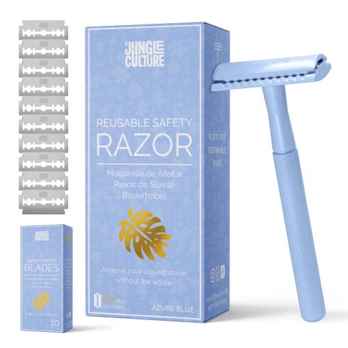 Jungle Culture Safety Razor with 10 Double Edge Blades • Single Blade Metal Razors for Women & Men for Body & Face • Eco Friendly & Reusable Shaver • Blue