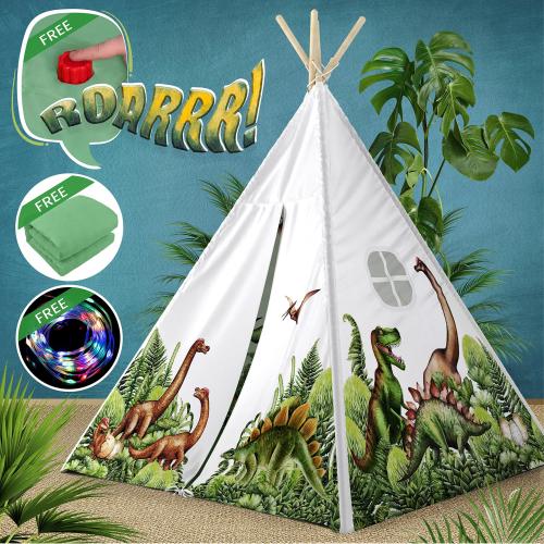 W&O Dinosaur Discovery Teepee with Roar Button LED Lights & Plush Mat - The Most Stable Teepee - Never Collapses with Rowdy Playtime