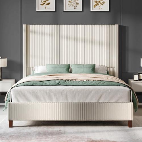 Dunwoody Upholstered Wingback Queen Size Platform Bed,Cream