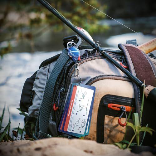 HOOK-EZE Fishing Knot Tying Cards Waterproof Pocket Guide to 8 Essential Fishing Knots Fishing Gifts for Men and Beginner Come with A Fly Fishing Zinger Retractor (Blue)