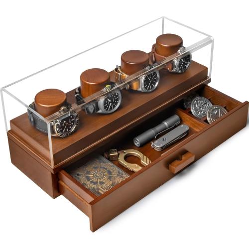Elevate Your Watch Collection with The Watch Deck – Premium Watch Display Case for 4 Watches – Unique Birthday Day Gift for Men – Wooden Mens Watch Box & Watch Case – Lifetime Assurance Included Watch Deck Walnut