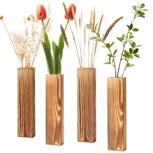 4 Pack Wood Wall Planter for Indoor Plants - Modern Farmhouse Living Bathroom & Bedroom Wall Decor - Hanging Wooden Pocket Wall Vase for Faux Dried Flowers - Boho Wall Plant Holder - Wood Wall Decor