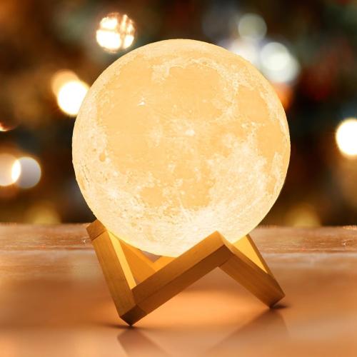Mydethun 3D Moon Lamp with 7.1 Inch Wooden Base - LED Night Light, Mood Lighting with Touch Control Brightness for Home Décor, Bedroom, Gifts Kids Women New Year Birthday - White & Yellow… 7.1 inch White & Yellow