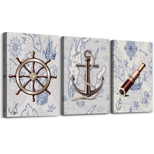ocean theme steering wheel telescope ship pendant Canvas Prints bathroom Wall Art for Bedroom Wall decor Artworks Pictures wall decorations for living room,3 piece Home decor kitchen wall paintings