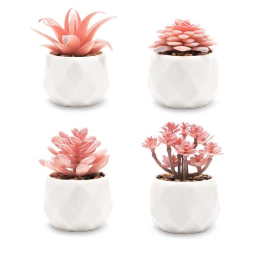 VIVERIE Mini Succulents Plants Artificial in Pots-Rose Pink, Christmas Small Fake Succulents Plants for Home Halloween Decor Indoor for Women, White Ceramic, Set of 4, Gifts for Mom