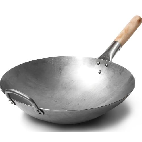 Craft Wok Traditional Hand Hammered Chinese Carbon Steel Wok with Wooden and Steel Helper Handle (14 Inch, Round Bottom Pow Wok Pan) / 731W88