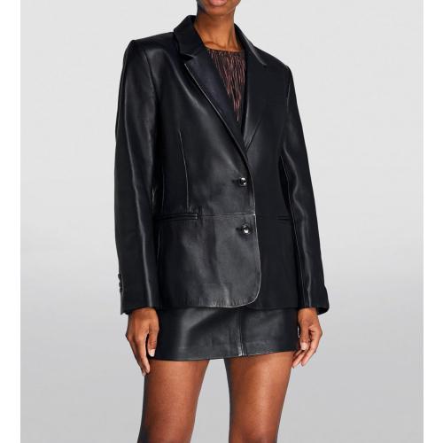 XL Unleash Your Style Black's 2-Button Casual Coat, Long Sleeves Suit Lambskin Leather Blazer for Women