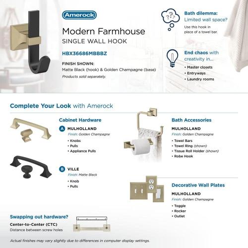 Burbank 3-15/16 in. L Matte Black/Golden Champagne Single Prong Wall Hook
