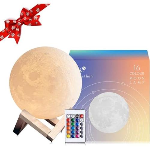 Mydethun 16 Colors LED 3D Moon Lamp with Wooden Stand, 5.9 inches - Remote Control, USB Charging, LED Night Light Lamp for Kids, Girls, Bedroom, Home Decor, Gifts Women Christmas New Year Birthday