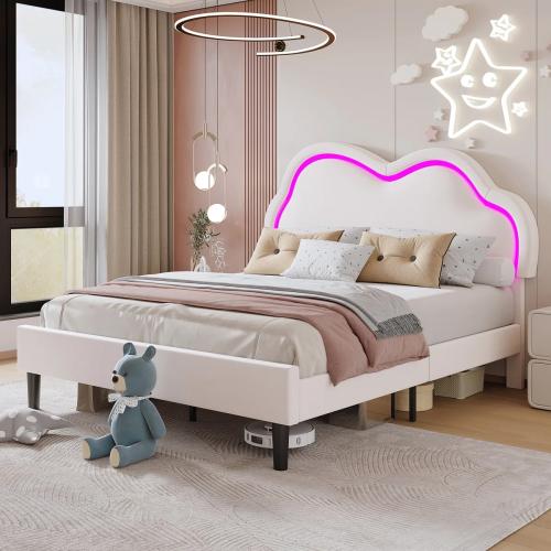 Landover Upholstered Platform Twin Bed Cream LED