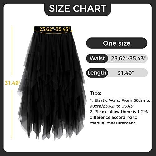 Reaowazo Tulle Skirts for Women Midi Long Fairy Skirt Tutu A-Line Mesh Layered High Elastic Waist Halloween Skirts Black One Size