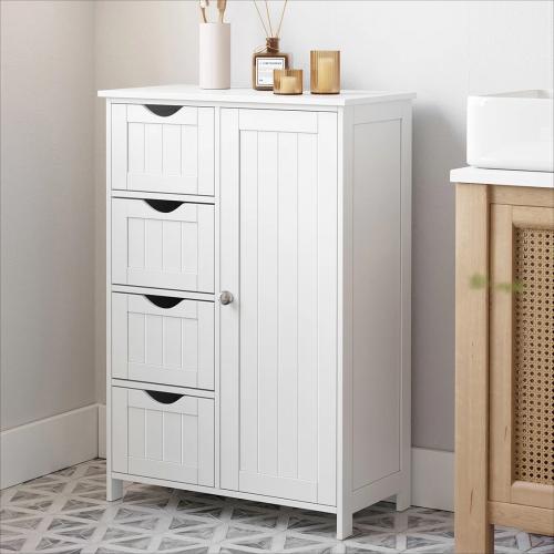 Manhattan White Floor Storage Cabinet, Cabinet Freestanding, with 4 Drawers, Adjustable Shelf