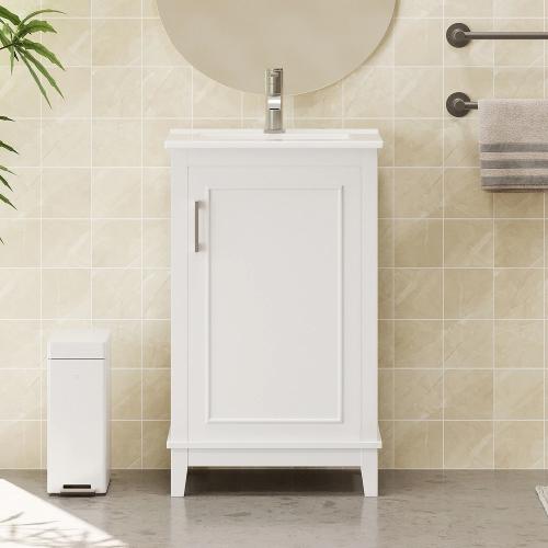 Size 20 Color White  Transitional Freestanding Small Bathroom Vanity Cabinet With White Ceramic Sink