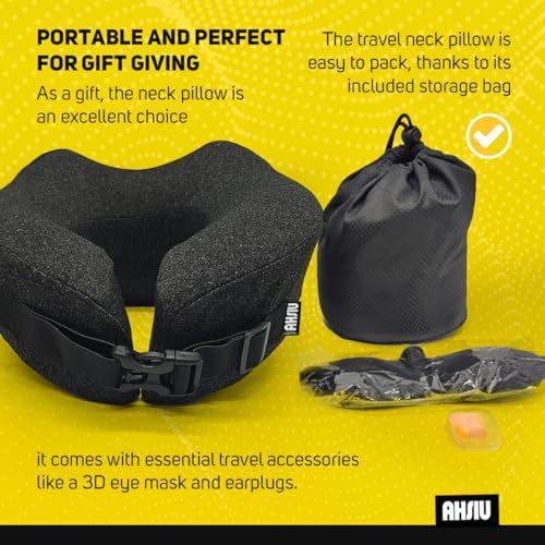 AHSIUNeck Pillow AirplaneTravel Pillow Memory FoamNeck Support PillowAdjustable Memory FoamNeck Pillow with Breathable Cover for ComfortIncludes 3D Sleep maskearplugs BoxCarOfficeHome