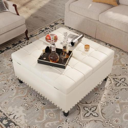 Size 31x30 Color White  Wide Transitional Square Coffee Table Storage Ottoman in Satin white  Faux Leather, Assembled, for the Living Room and Bedroom