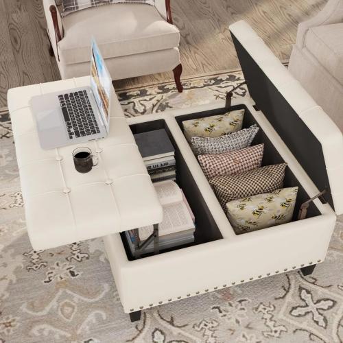 Size 31x30 Color White  Wide Transitional Square Coffee Table Storage Ottoman in Satin white  Faux Leather, Assembled, for the Living Room and Bedroom