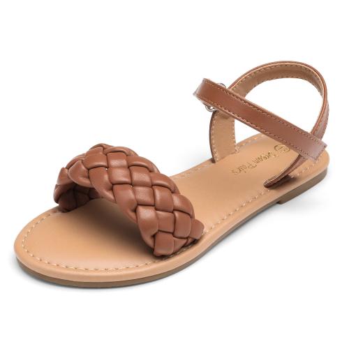 Size 4 DREAM PAIRS SDSD222K Girls Sandals Classic Open Toe Braided Flat Sandals Summer Dress Shoes Brown