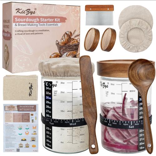 KIIZYS Sourdough Starter Kit – 2 x 34 oz Wide-mouthed Glass Jars with Acacia Koa & Beechwood Utensils & Lids – Organic Cotton Fabrics Tracker Bands & Temp Stickers - Sourdough Bread Baking