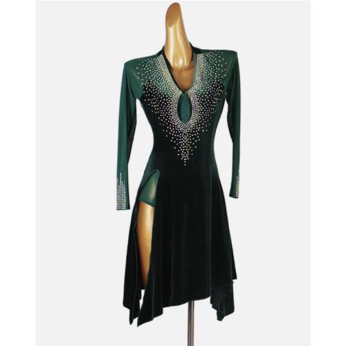 Color Green New Latin Dance Dress Salsa Tango Cha cha Ballroom Rhinestone Competition