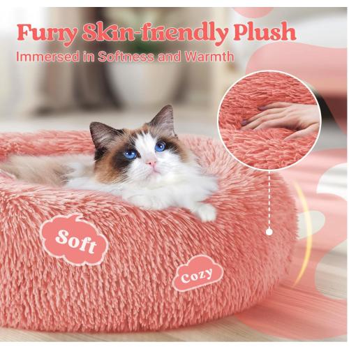 rabbitgoo Cat Beds for Indoor Cats, 20 inches Cat Bed Machine Washable, Fluffy Round Pet Bed Non-Slip, Calming Soft Plush Donut Cuddler Cushion Self Warming for Small Dogs Kittens, Light Pink,