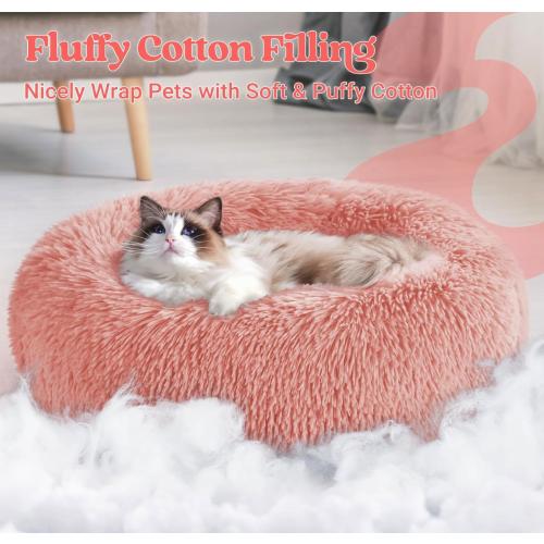rabbitgoo Cat Beds for Indoor Cats, 20 inches Cat Bed Machine Washable, Fluffy Round Pet Bed Non-Slip, Calming Soft Plush Donut Cuddler Cushion Self Warming for Small Dogs Kittens, Light Pink,