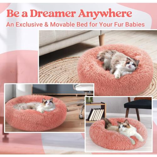 rabbitgoo Cat Beds for Indoor Cats, 20 inches Cat Bed Machine Washable, Fluffy Round Pet Bed Non-Slip, Calming Soft Plush Donut Cuddler Cushion Self Warming for Small Dogs Kittens, Light Pink,